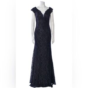 Jovani Navy blue Lace Maxi evening formal dress v neck